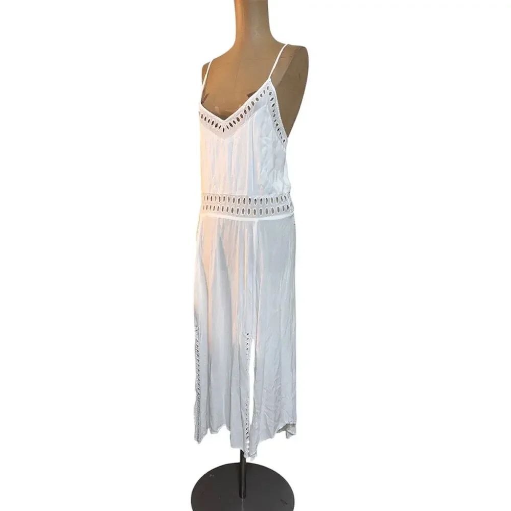 Vix Paula Hermanny Maxi Dress White Sheer Dress Swim Cover Cut outs size Small